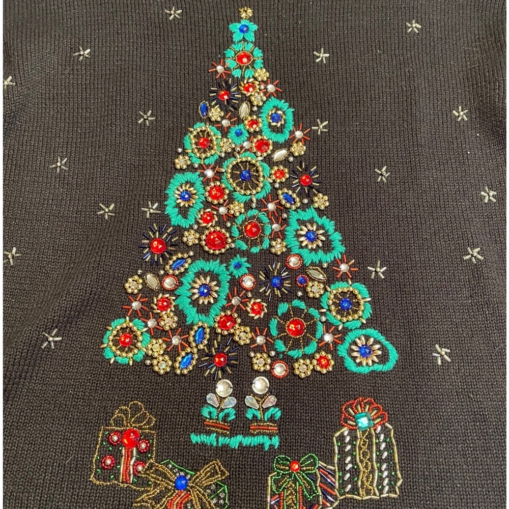 Work in Progress‎ Ugly Christmas Sweater Women's Embellished Tree Gift Beads Vtg